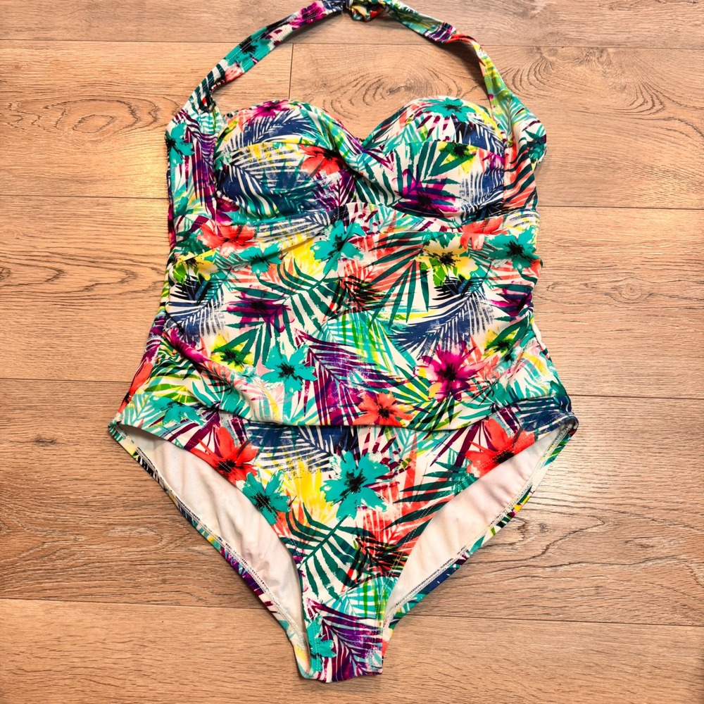 Catalina Swim Size 16-18 XLarge Tropical Floral Print‎ Halter One Piece Swimsuit